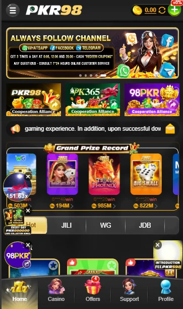 PKR98 Game app interface with slots, card games, live casino, and navigation menu for real money gaming.